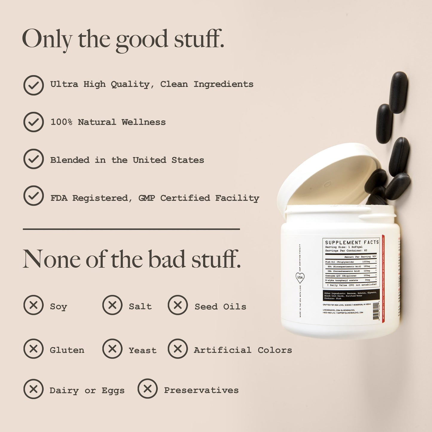 High Level Science Heart + Body + Mind Supplement, Omega-3, CoQ10 & Vitamin E HLS-001