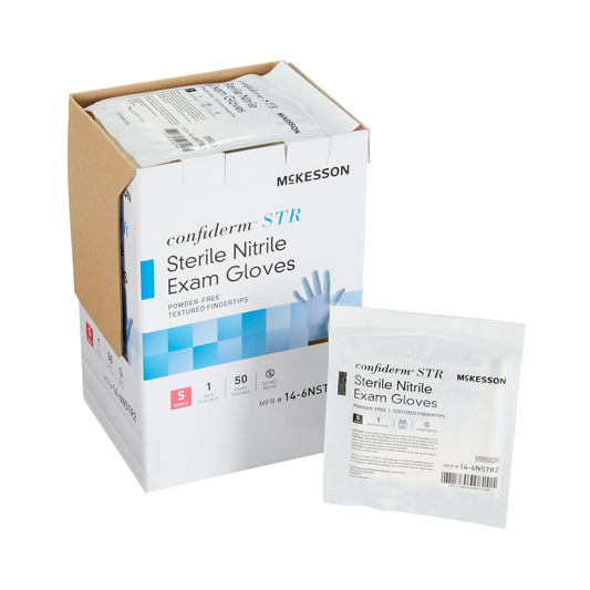Exam Glove McKesson Confiderm® STR Small Sterile Pair Nitrile Standard Cuff Length Textured Fingertips Blue Not Rated - 14-6NSTR2