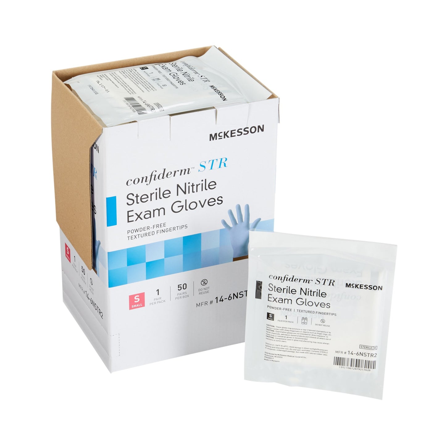 Exam Glove McKesson Confiderm® STR Small Sterile Pair Nitrile Standard Cuff Length Textured Fingertips Blue Not Rated - 14-6NSTR2