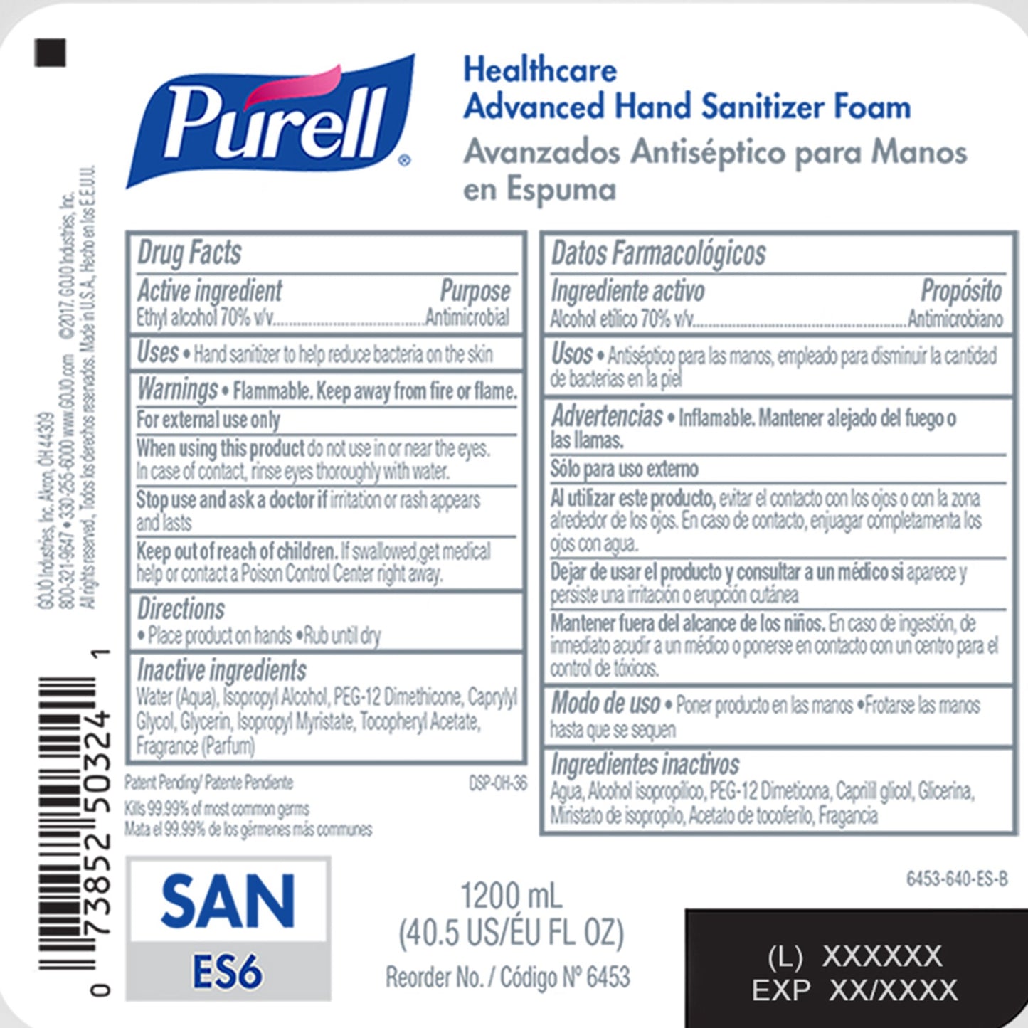Purell® Healthcare Advanced Hand Sanitizer Foam 1200 mL Refill for ES6 Dispenser 6453-02