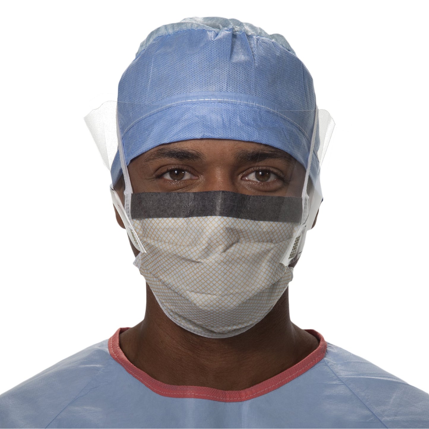 Surgical Mask with Eye Shield FluidShield Anti-fog Foam Pleated Tie Closure One Size Fits Most Blue / Orange NonSterile ASTM F2100-11 Level 2 Adult -