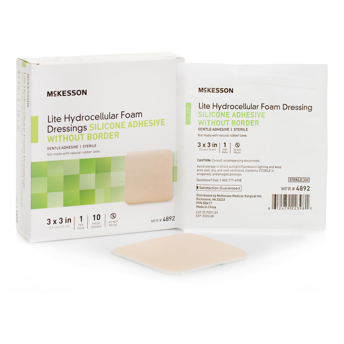 Thin Foam Dressing McKesson Lite 3 X 3 Inch Without Border Film Backing Silicone Gel Adhesive Square Sterile - 4892