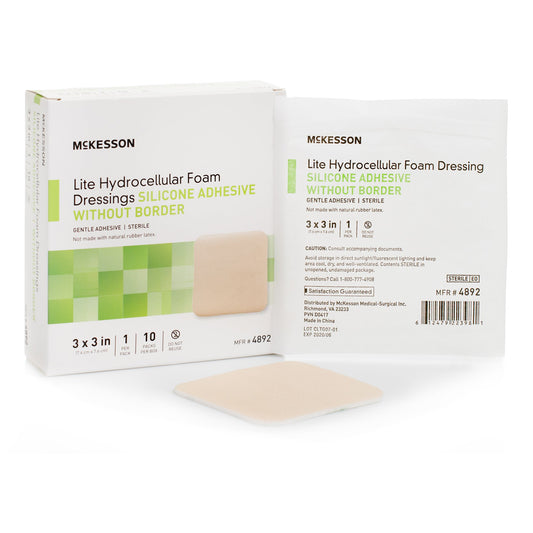 Thin Foam Dressing McKesson Lite 3 X 3 Inch Without Border Film Backing Silicone Gel Adhesive Square Sterile - 4892