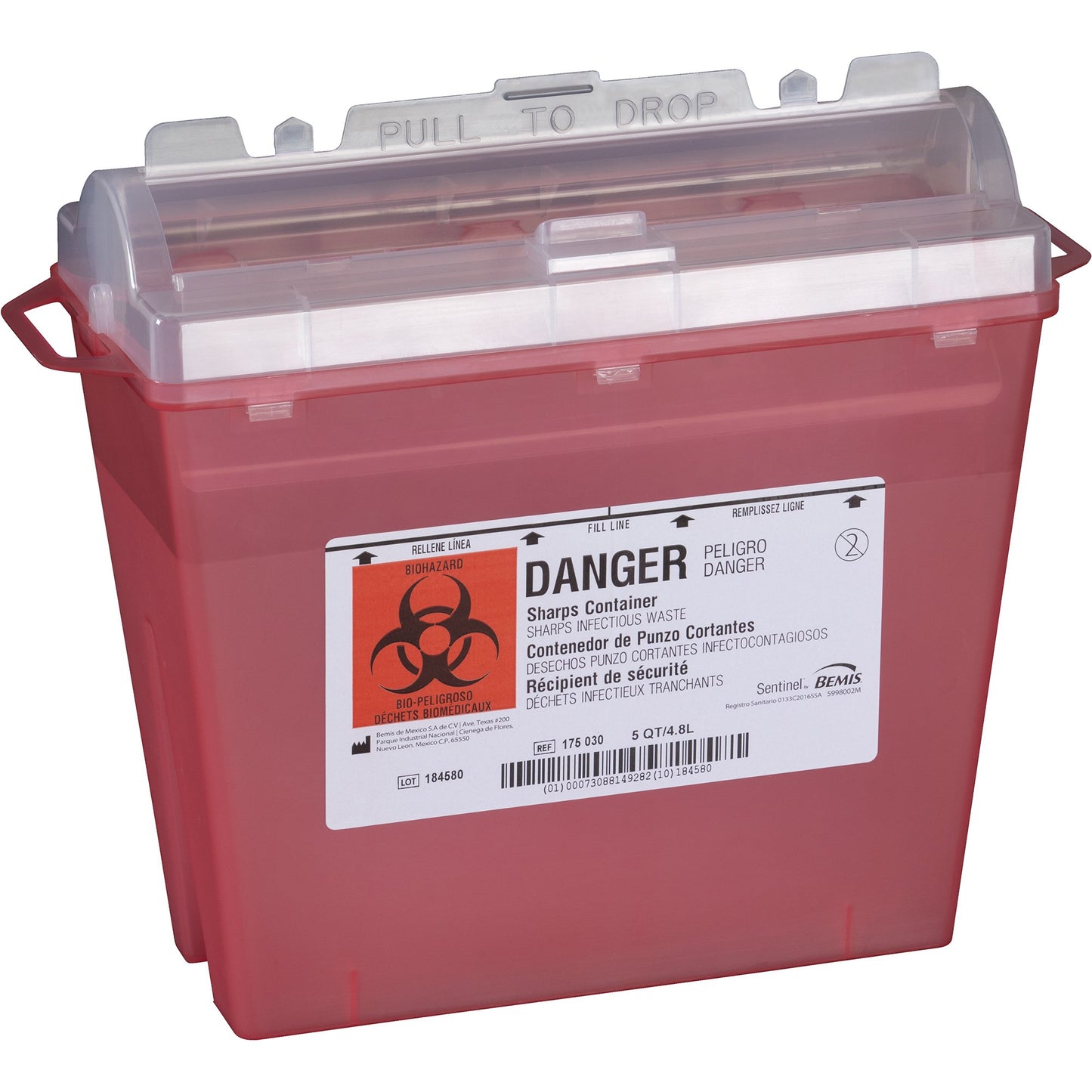 Bemis™ Sentinel Multi-purpose Sharps Container, 1.25 Gallon, 10 x 5.25 x 11 Inch 175 030