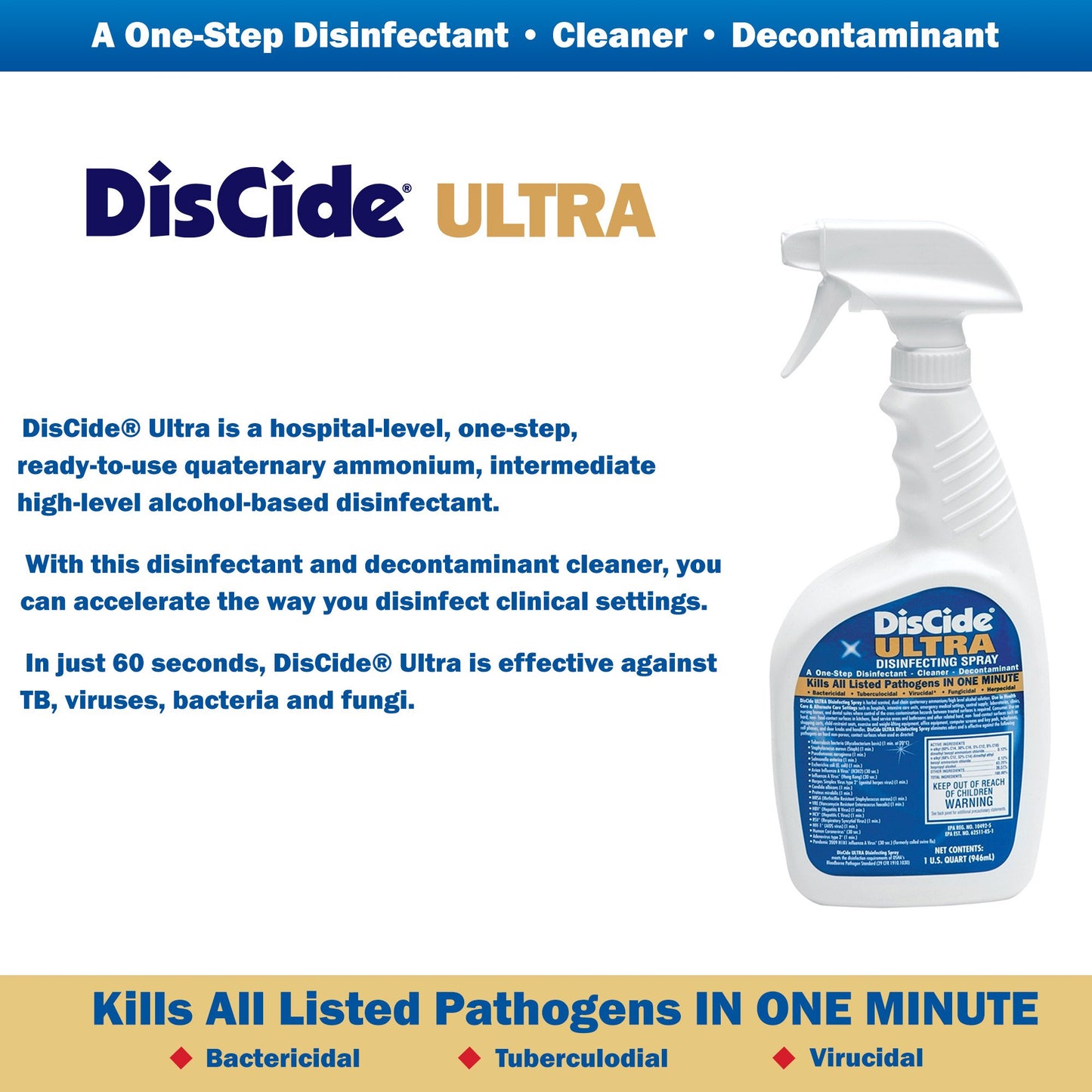 DisCide® Ultra Quaternary Based Surface Disinfectant Cleaner, 1 quart 3565Q