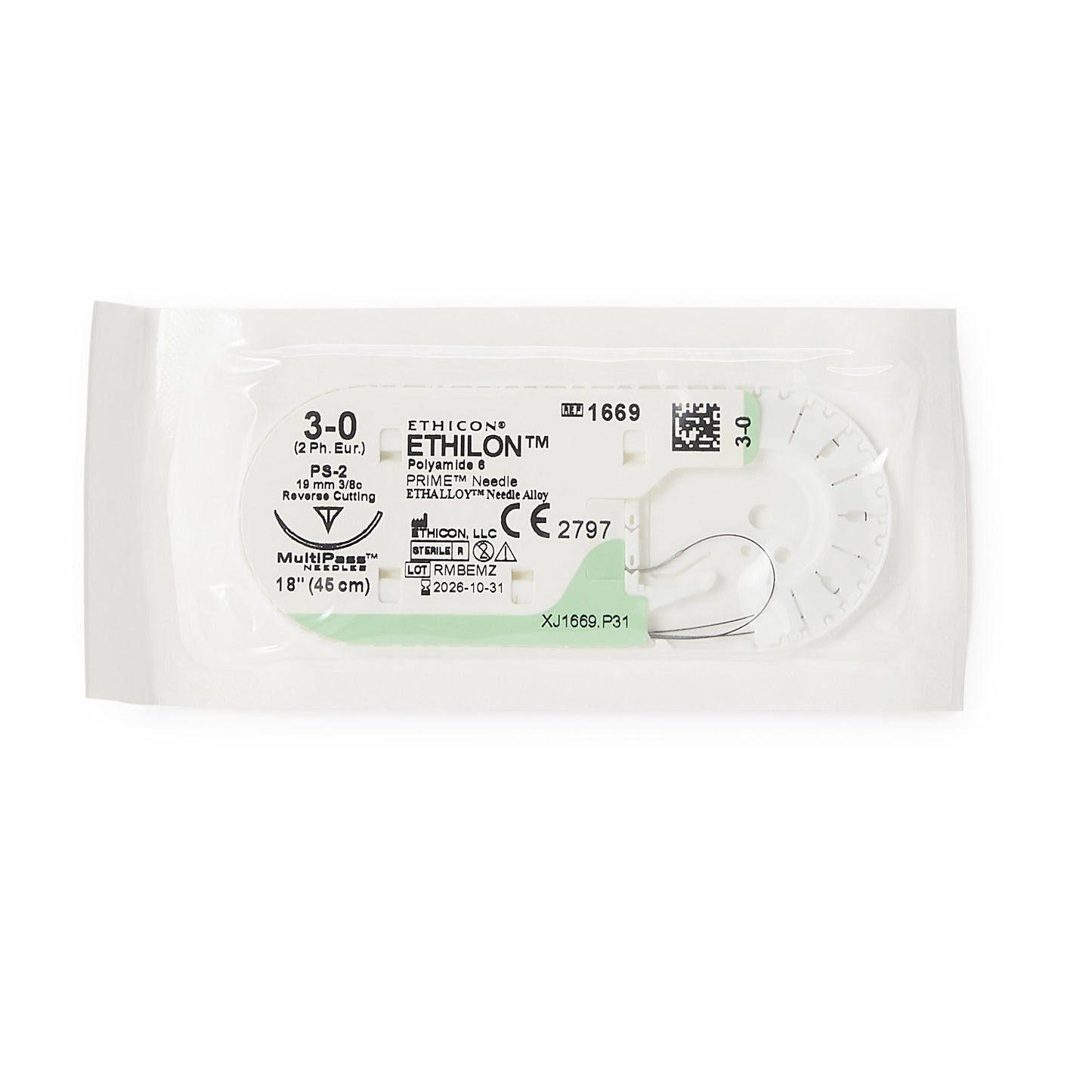 Nonabsorbable Suture with Needle Ethilon™ Nylon PS-2 3/8 Circle Precision Reverse Cutting Needle Size 3-0 Monofilament - 1669H