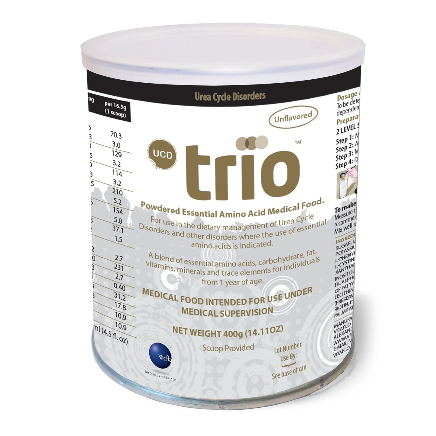 Pediatric Oral Supplement UCD trio Unflavored 400 Gram Can Powder Amino Acid Urea Cycle Disorder 5060014051820