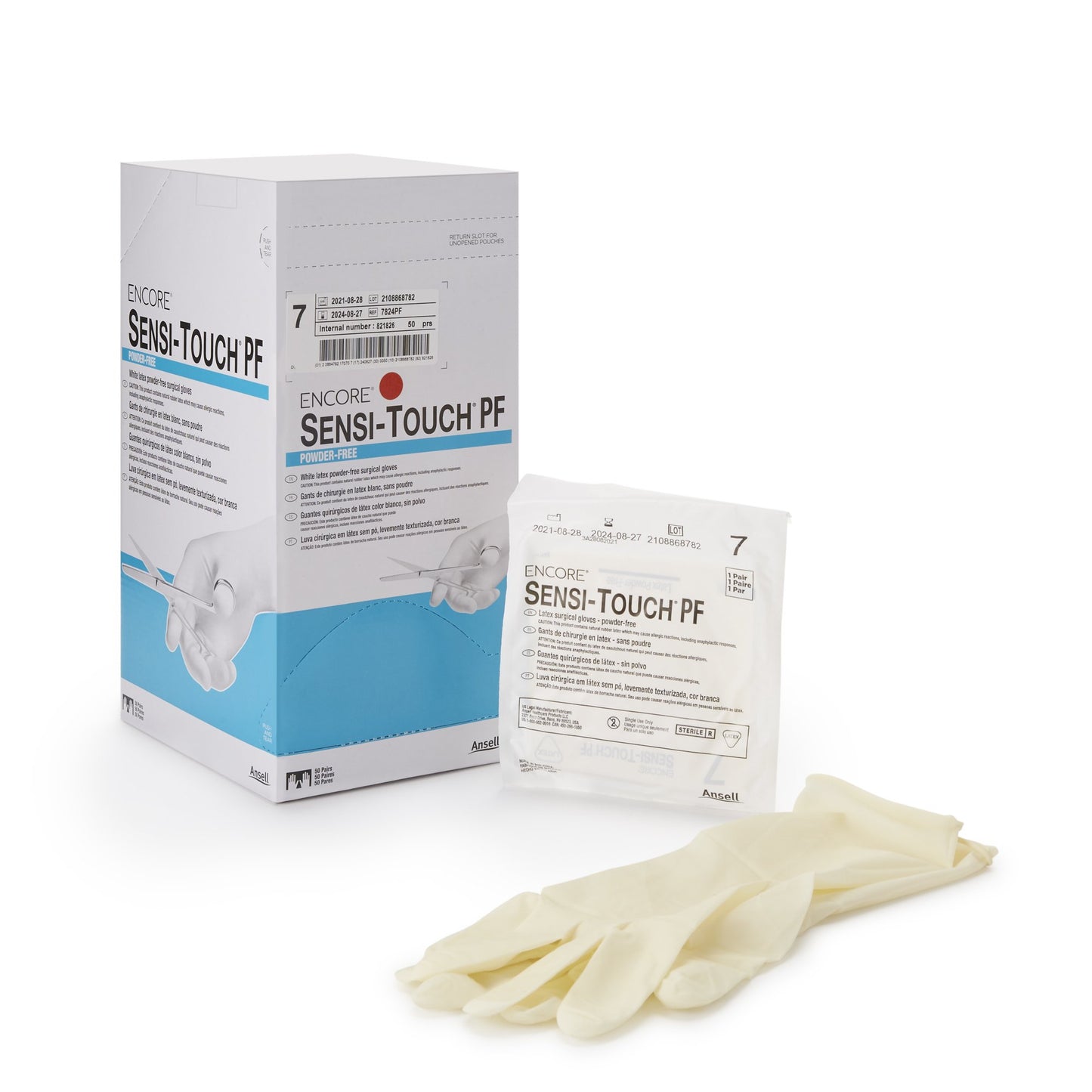 Surgical Glove ENCORE® Sensi-Touch® PF Size 7 Sterile Latex Standard Cuff Length Micro-Textured Natural Chemo Tested - 7824PF