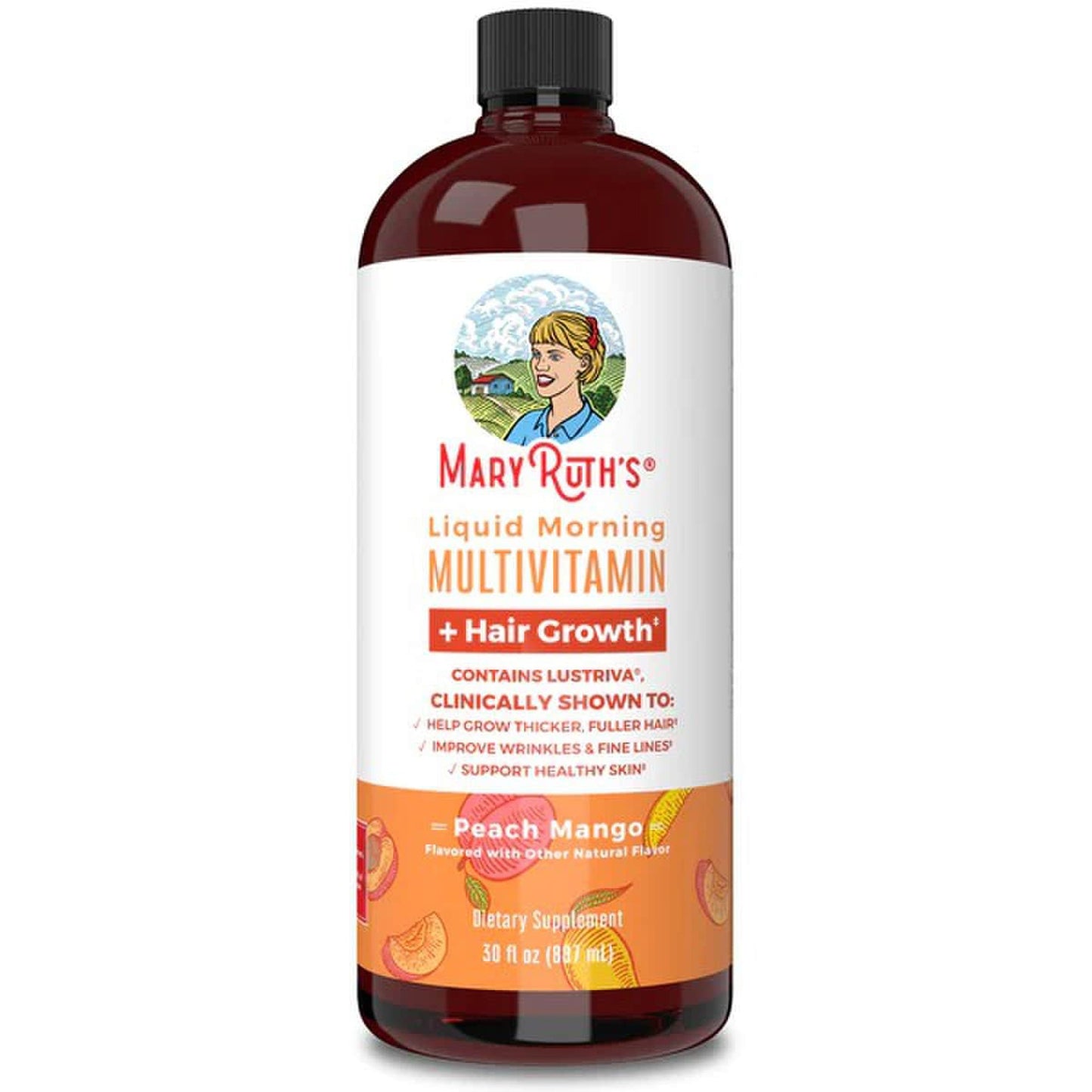Multivitamin Supplement Mary Ruth's® Liquid Morning Multivitamin + Hair Growth Vitamin A / C / D / E 1,010 mcg - 90 mg - 20 mcg - 18 mg Strength Liquid 30 oz. Peach Mango Flavor BL-AD-MHG-CV-PSF-30Z-UN-01