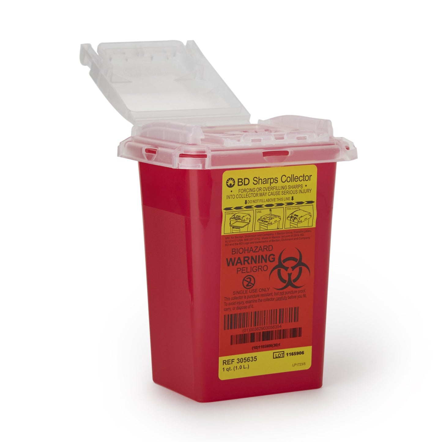 BD Multi-purpose Sharps Container, 1 Quart, 7 x 4.9 x 3.9 Inch 305635