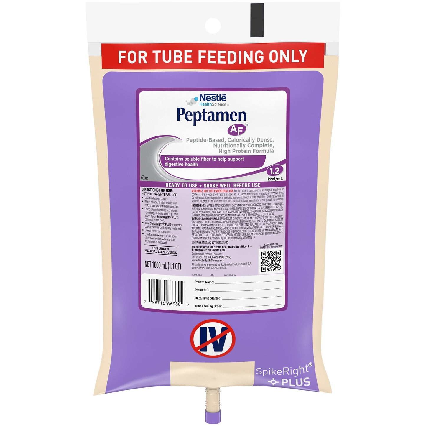 Peptamen AF® Tube Feeding Formula, 1000 mL Ready to Hang Prefilled Container 00798716763905