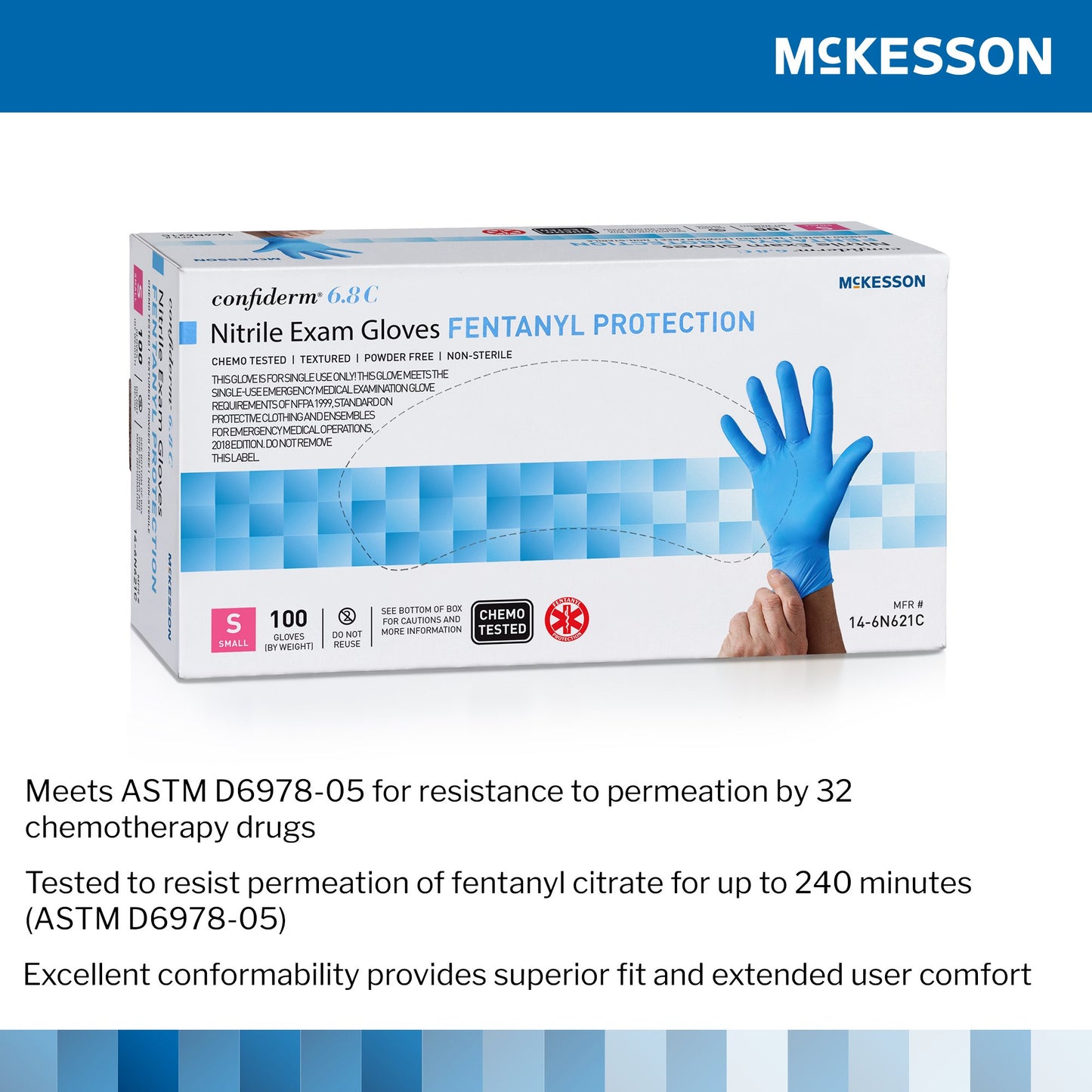 Exam Glove McKesson Confiderm® 6.8C Small NonSterile Nitrile Standard Cuff Length Fully Textured Blue Chemo Tested / Fentanyl Tested 14-6N621C