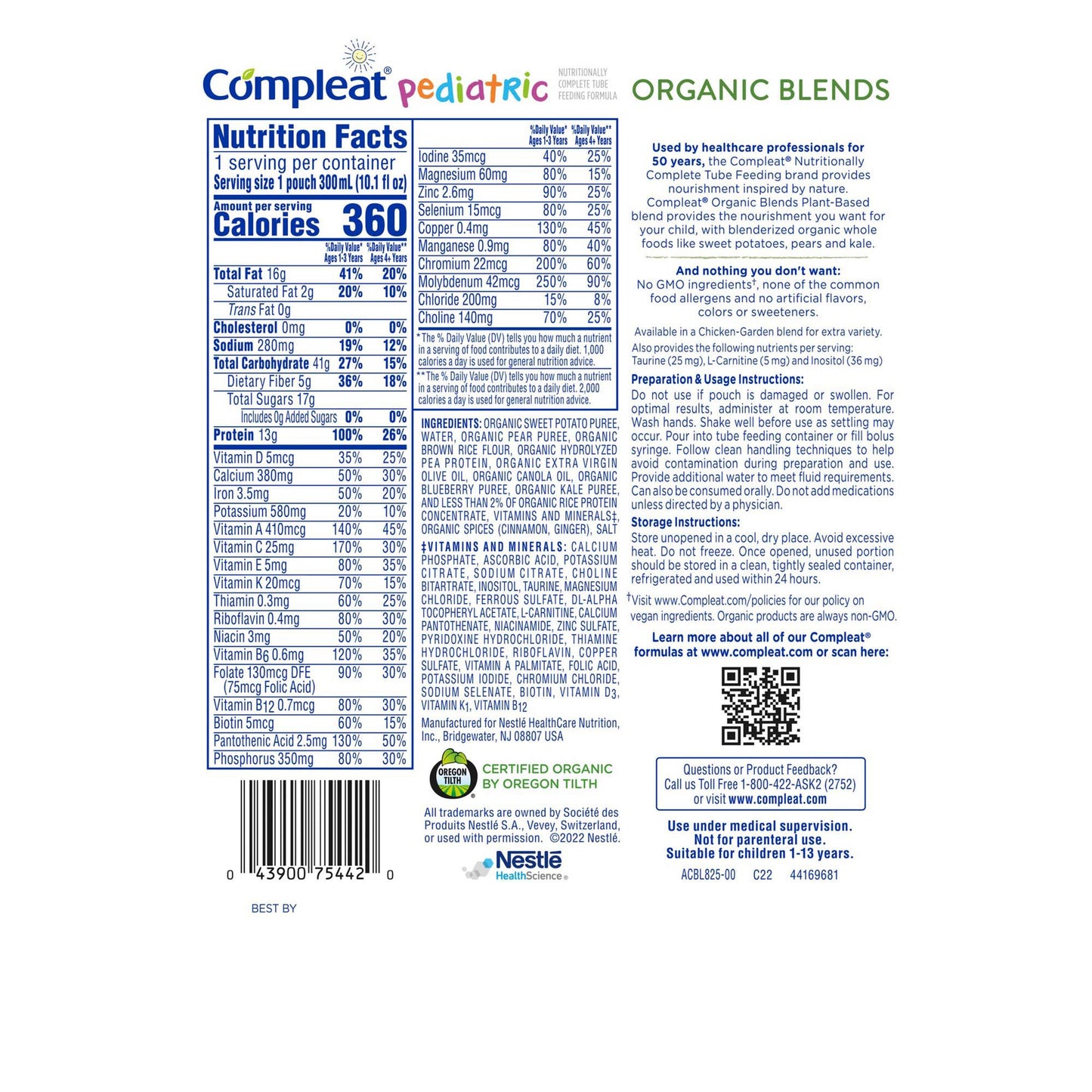Compleat® Pediatric Organic Blends Tube Feeding Formula, Plant-Based, Non-GMO 00043900117218
