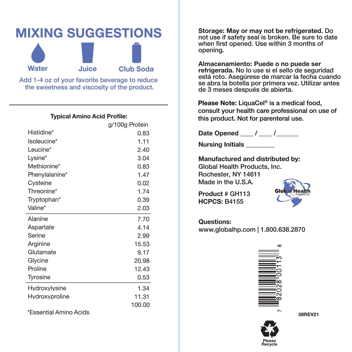 LiquaCel® Unflavored Concentrated Liquid Protein, Sugar Free, 32-ounce Bottle GH-113