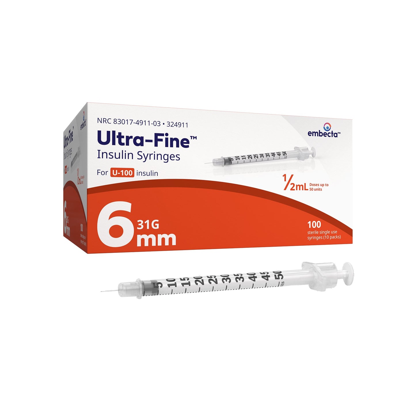 Standard Insulin Syringe with Needle Veo™ Ultra-Fine™ 0.5 mL 15/64 Inch 31 Gauge NonSafety Regular Wall 324911