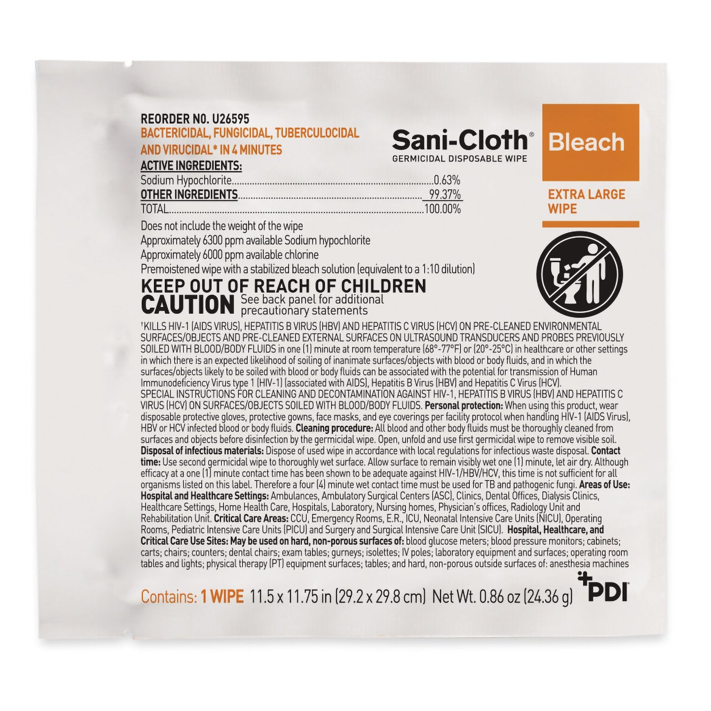 Sani-Cloth® Surface Disinfectant Cleaner Bleach Wipe, 11.5 x 11.75 Inch U26595
