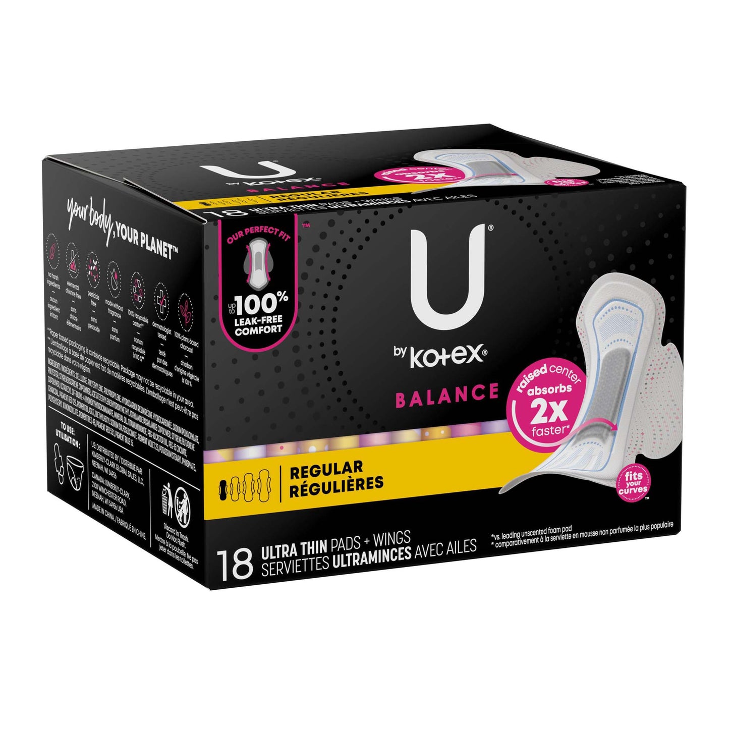U by Kotex® Balance Ultra Thin Charcoal Pads with Wings, Regular 54898