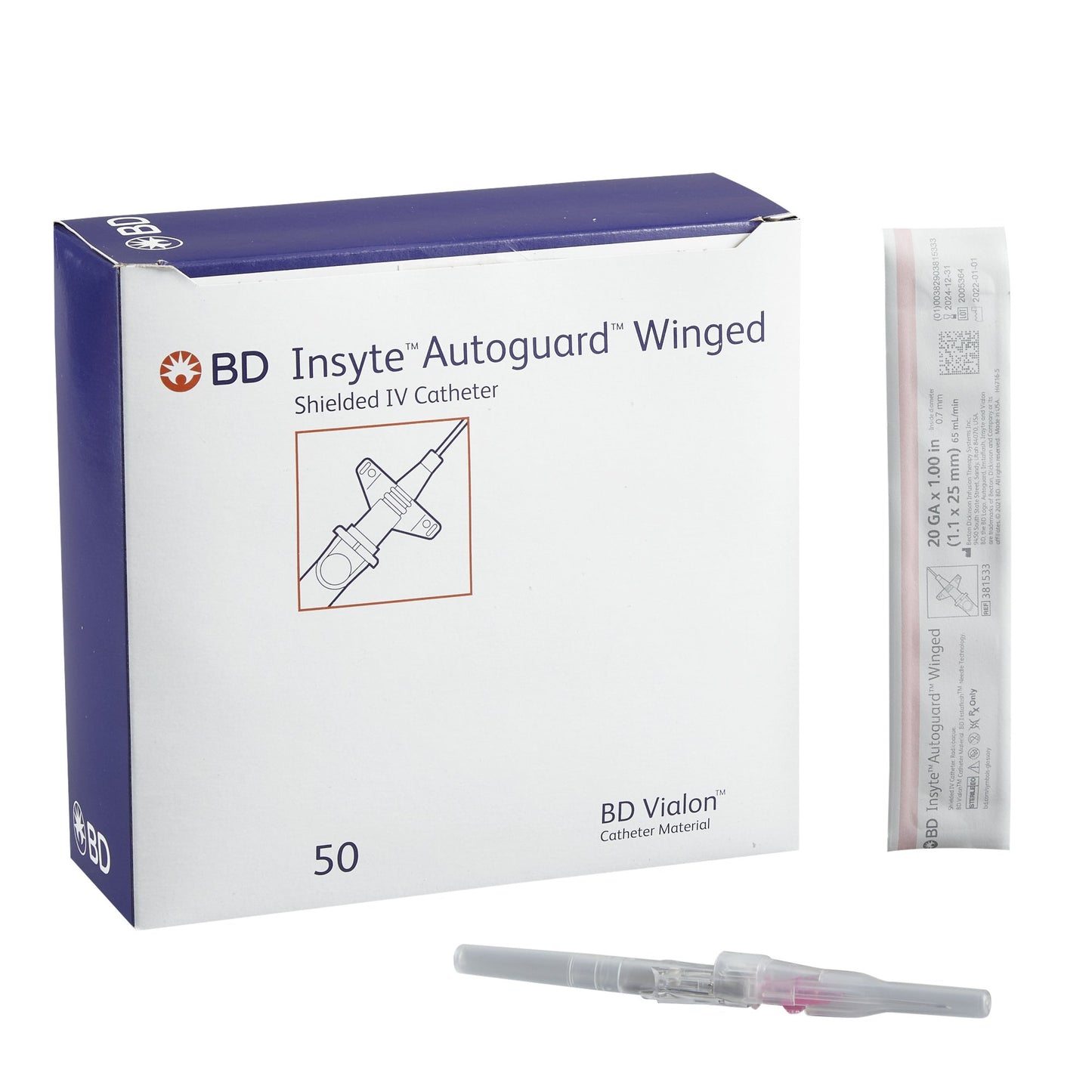 BD Insyte Autoguard Peripheral IV Catheter, Winged Hub 381533, Box of 50