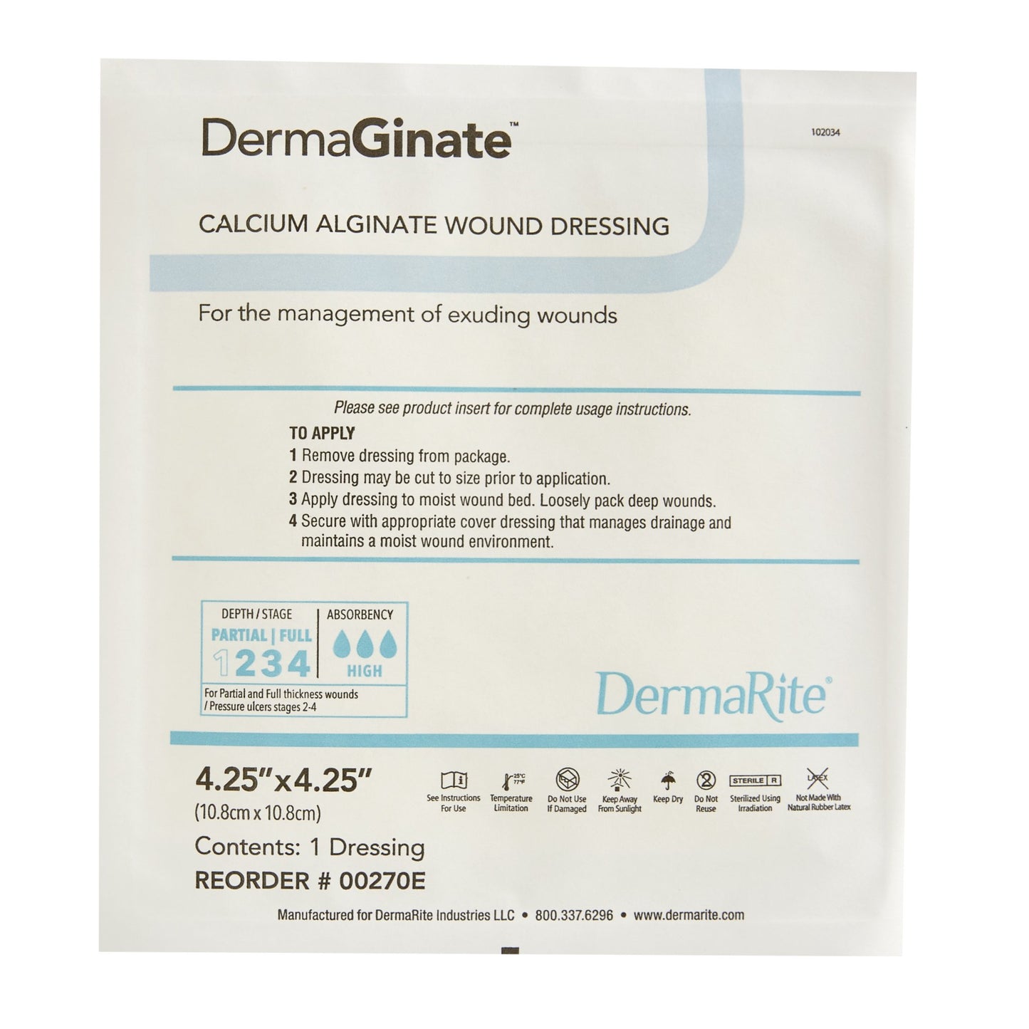 DermaGinate® Alginate Dressing, 4-1/4 x 4-1/4 Inch 00270E