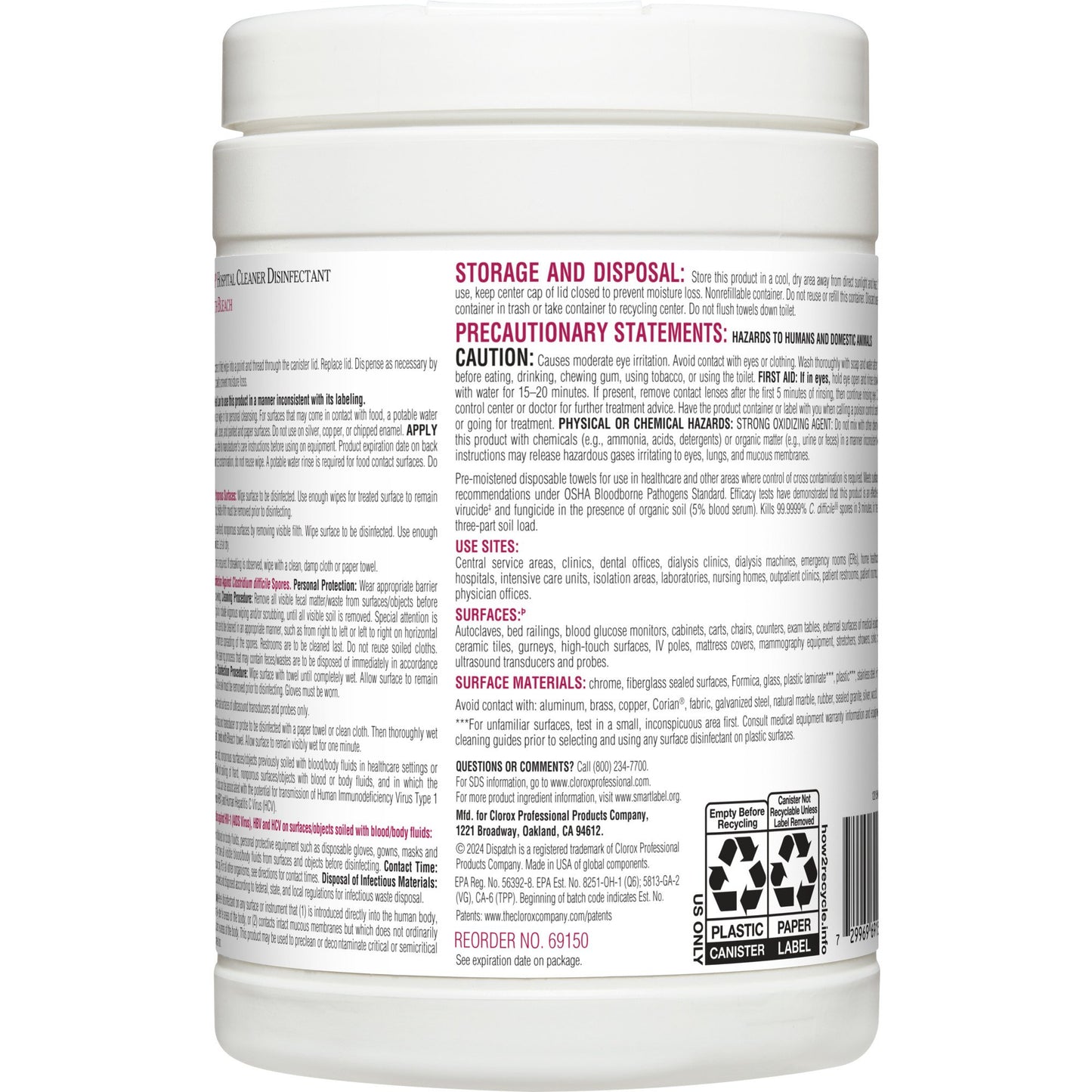 Dispatch® Surface Disinfectant Cleaner with Bleach, Canister 69150