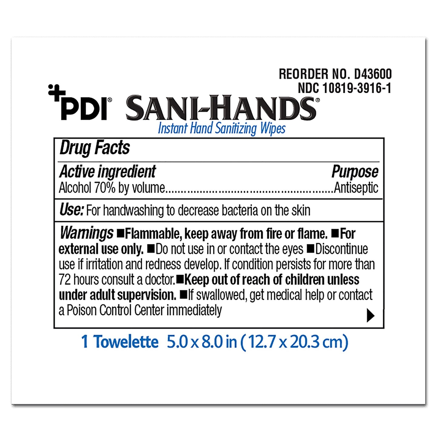 Sani-Hands® Hand Sanitizing Wipes, Ethyl Alcohol, Unscented, 5 X 8 Inch D43600