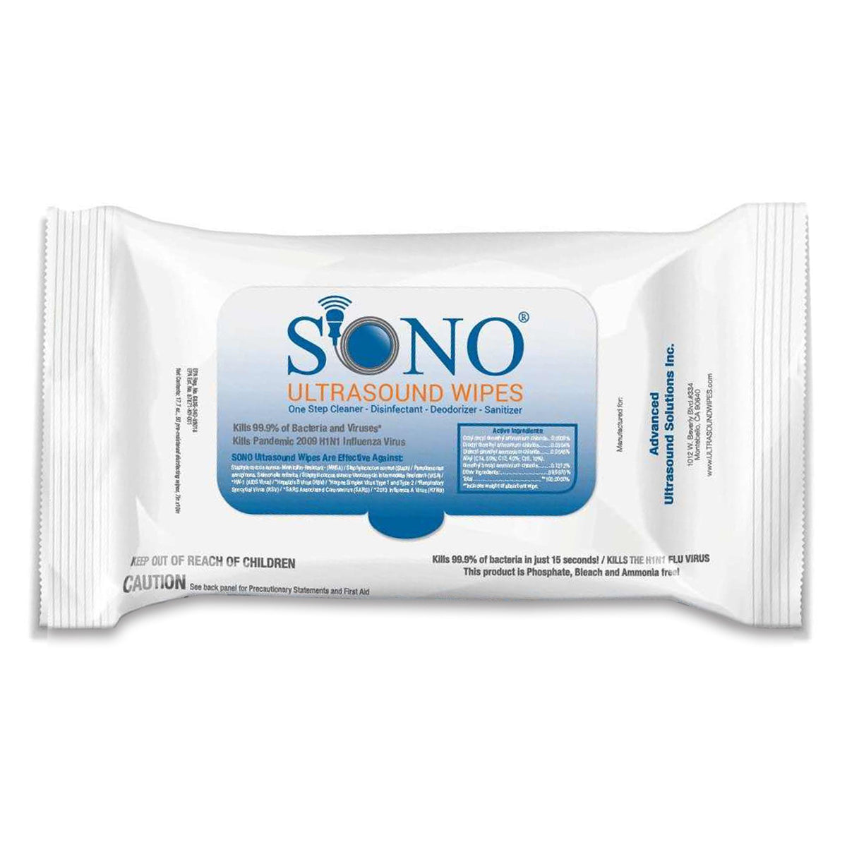 Advanced Ultrasound Solutions Sono Premoistened Surface Disinfectant Cleaner Wipes, 50ct SONO4018, Pack of 1