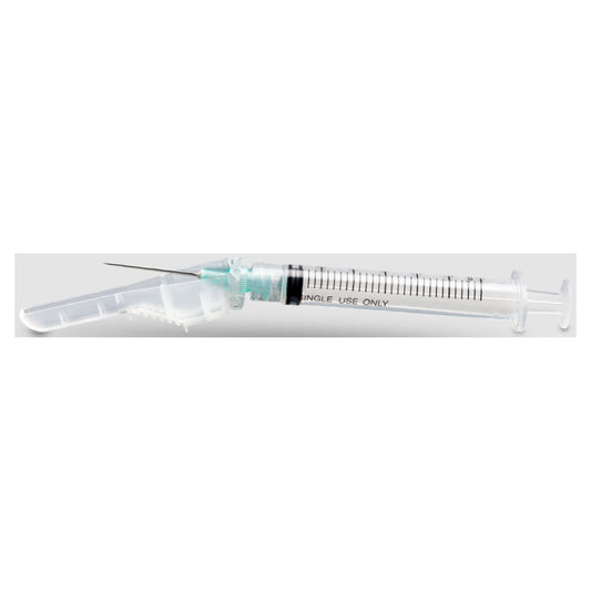 Safety Hypodermic Syringe with Needle McKesson Prevent® 3 mL 1 Inch 25 Gauge Hinged Safety Needle Ultra Thin Wall - 102-SN3C251S3
