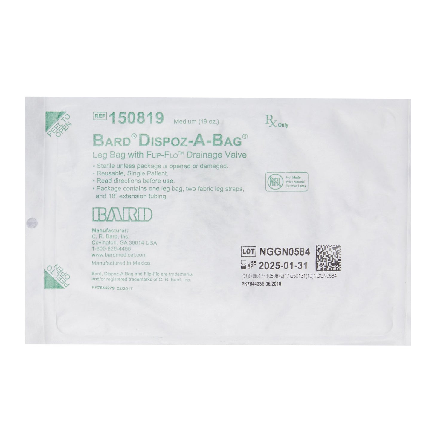 Bard Bard Dispoz-a-Bag Urinary Leg Bag, Flip-Flo Valve, 19 oz 150819, Case of 50