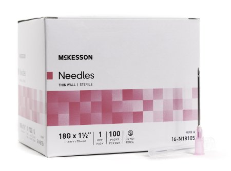 McKesson Hypodermic Thin Wall Needle w/o Safety 18G x 1-1/2" - 16-N18105 - Medsitis