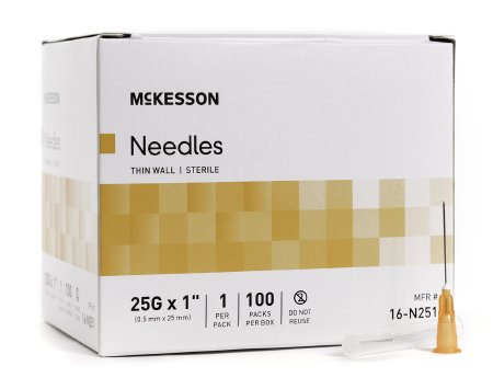 McKesson Hypodermic Thin Wall Needle w/o Safety 25G x 1" - 16-N251 - Medsitis