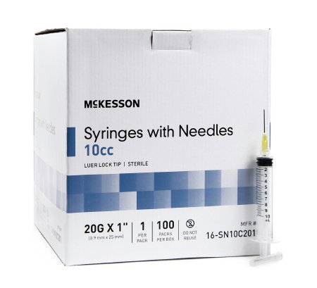 McKesson Syringe w/ Detachable Hypodermic Needle w/o Safety 10mL 20G x 1" - 16-SN10C201 - Medsitis