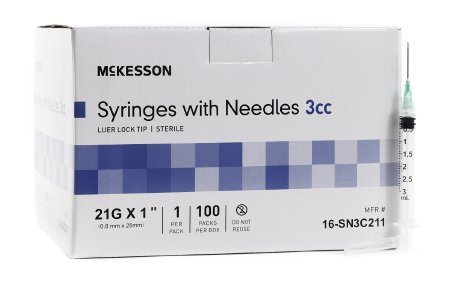 McKesson Syringe w/ Detachable Hypodermic Needle w/o Safety 3mL 21G x 1" - 16-SN3C211 - Medsitis