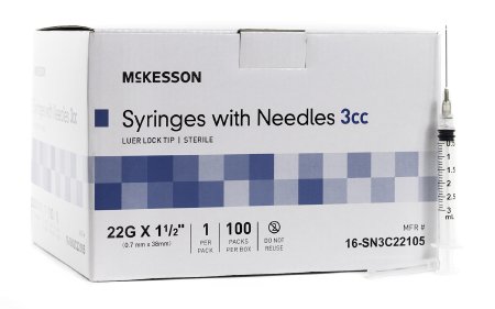 McKesson Syringe w/ Detachable Hypodermic Needle w/o Safety 3mL 22G x 1-1/2" - 16-SN3C22105 - Medsitis
