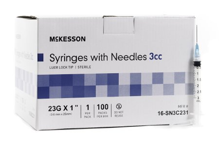 McKesson Syringe w/ Detachable Hypodermic Needle w/o Safety 3mL 23G x 1" - 16-SN3C231 - Medsitis