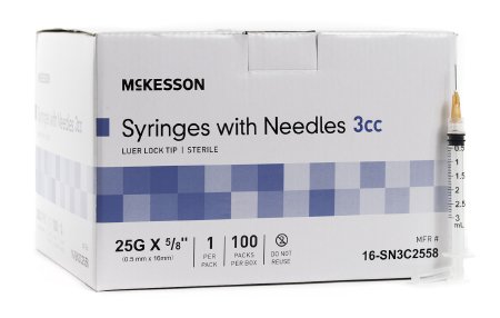 McKesson Syringe w/ Detachable Hypodermic Needle w/o Safety 3mL 25G x 5/8" - 16-SN3C2558 - Medsitis