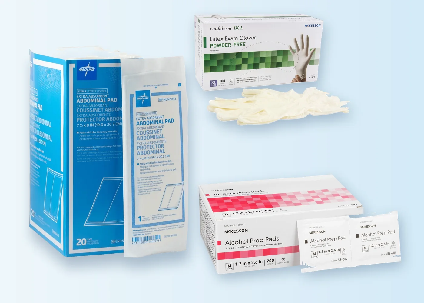 Medline abdominal pads, McKesson latex exam gloves and McKesson alcohol prep pads